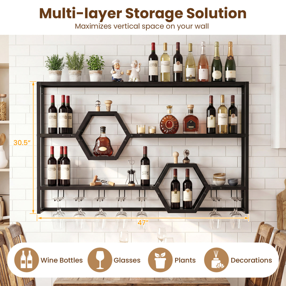 Wall Mounted Wine Rack 47" Large Floating Bar Shelves-Black