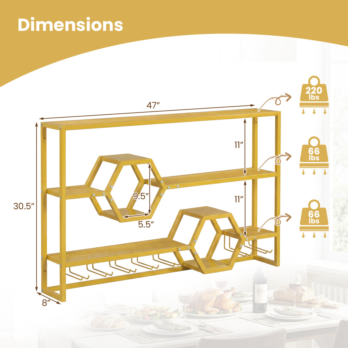 Wall Mounted Wine Rack 47" Large Floating Bar Shelves-Gold