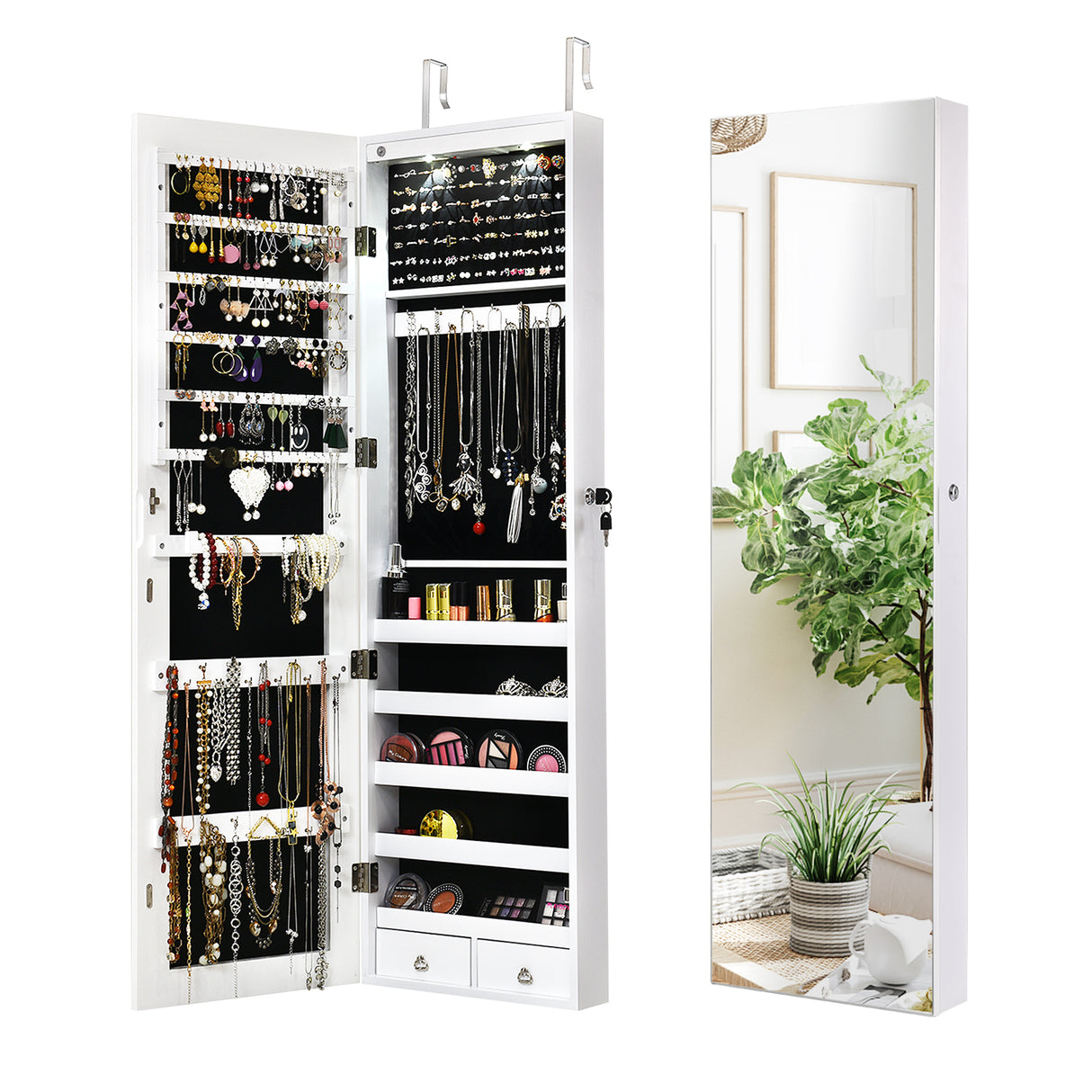 Wall and Door Mounted Mirrored Jewelry Cabinet with Lights-White