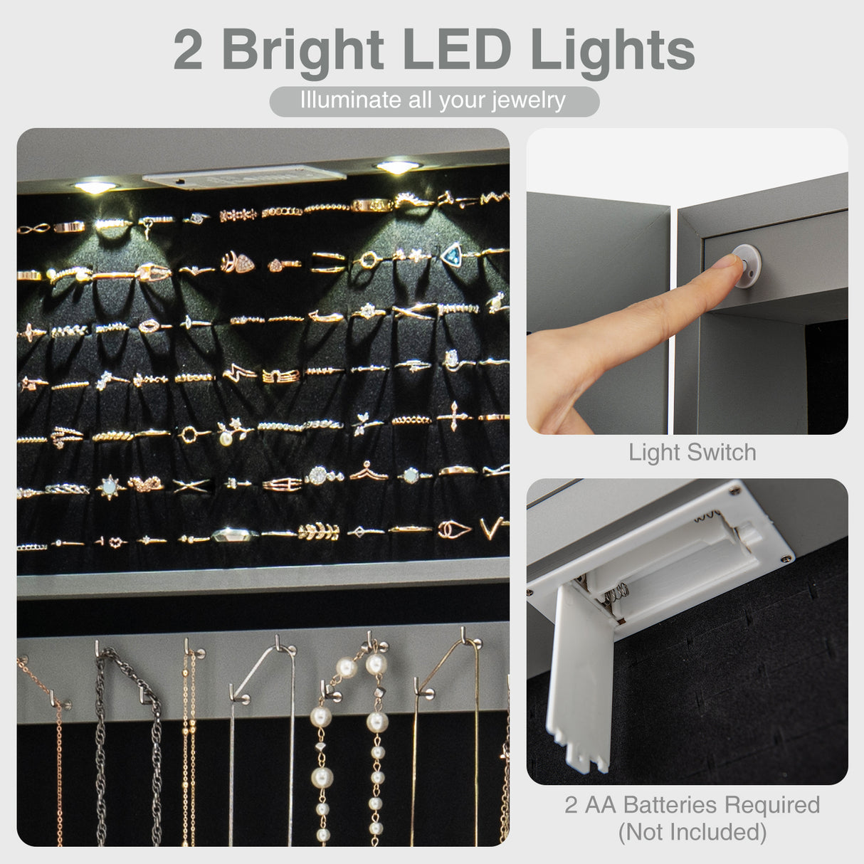 Wall and Door Mounted Mirrored Jewelry Cabinet with Lights-Gray