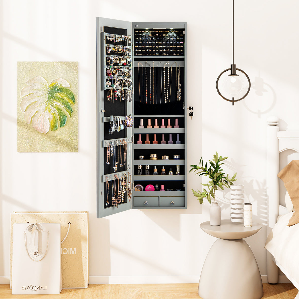 Wall and Door Mounted Mirrored Jewelry Cabinet with Lights-Gray