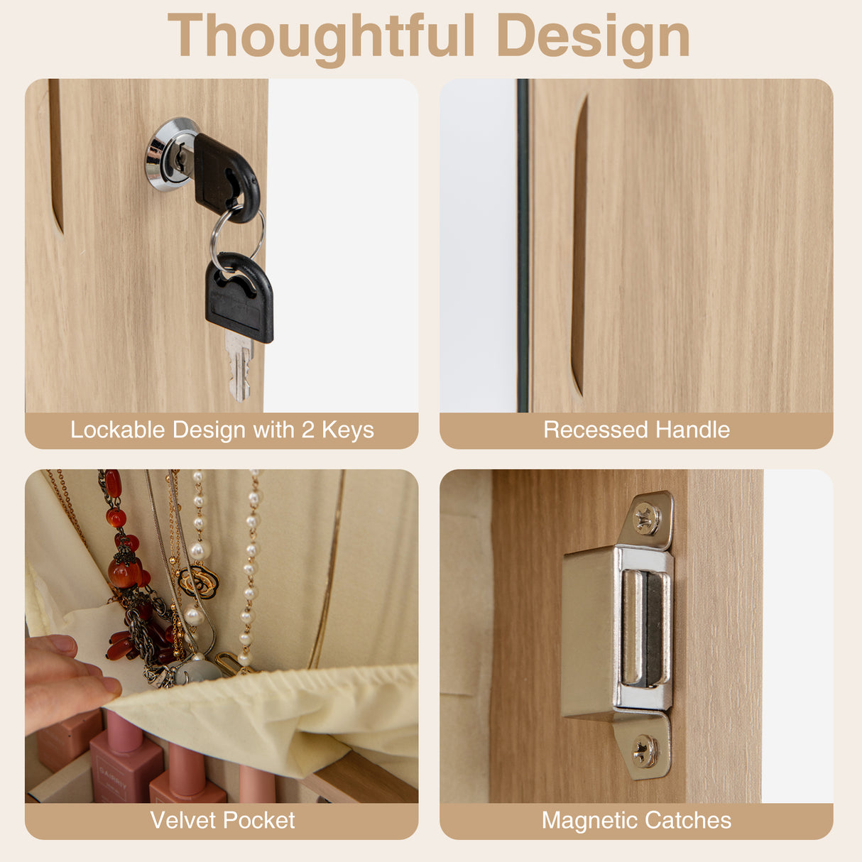 Wall and Door Mounted Mirrored Jewelry Cabinet with Lights-Natural