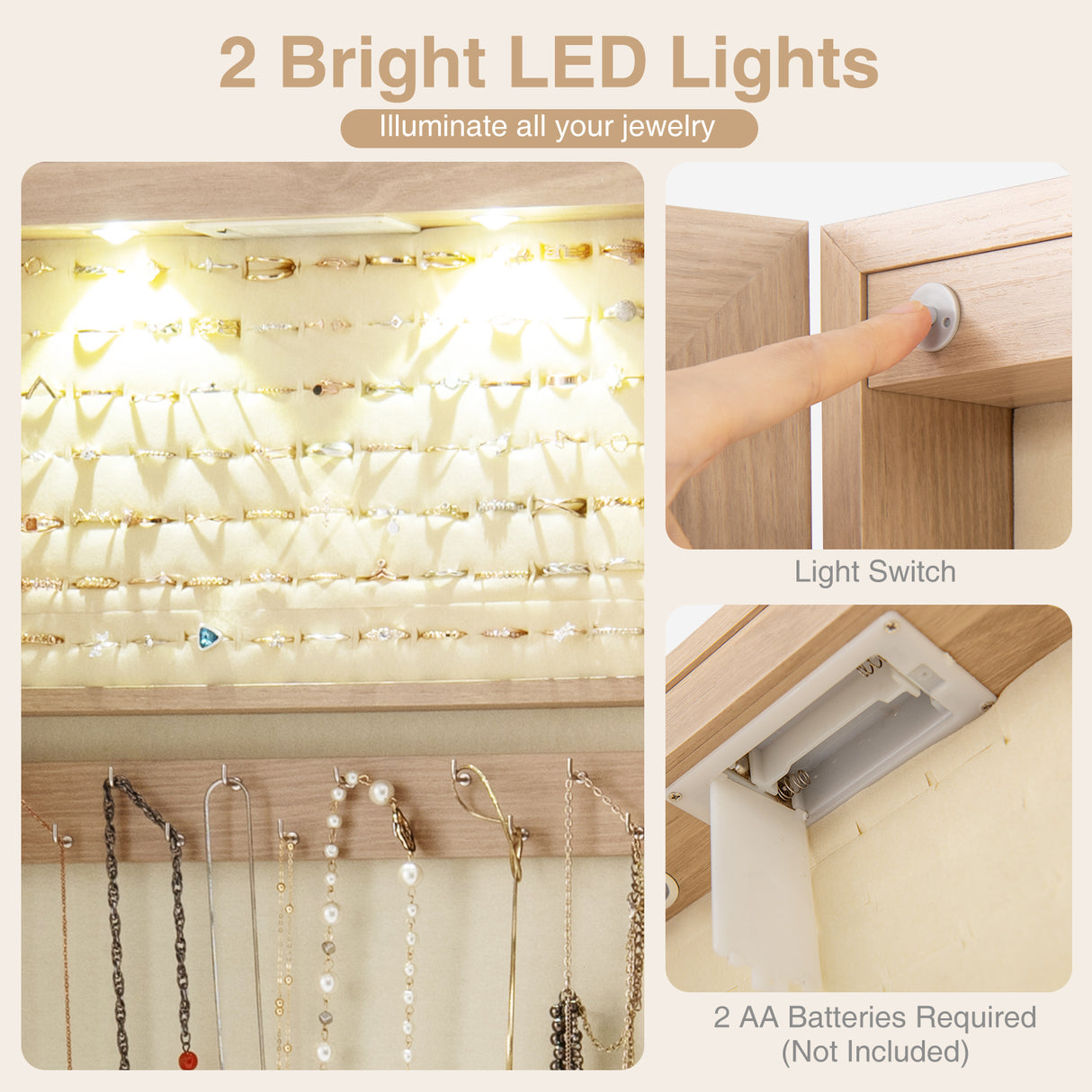 Wall and Door Mounted Mirrored Jewelry Cabinet with Lights-Natural