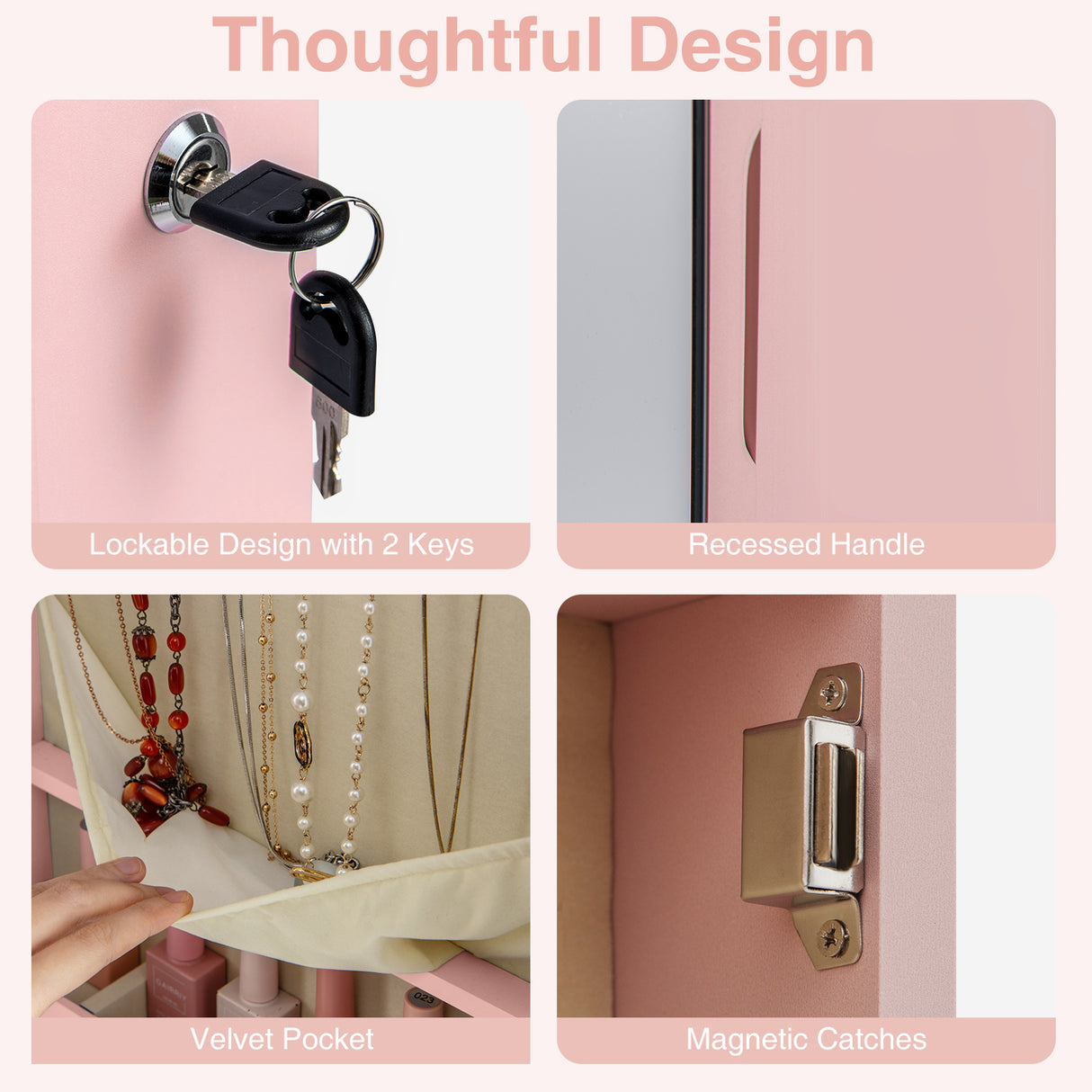 Wall and Door Mounted Mirrored Jewelry Cabinet with Lights-Pink