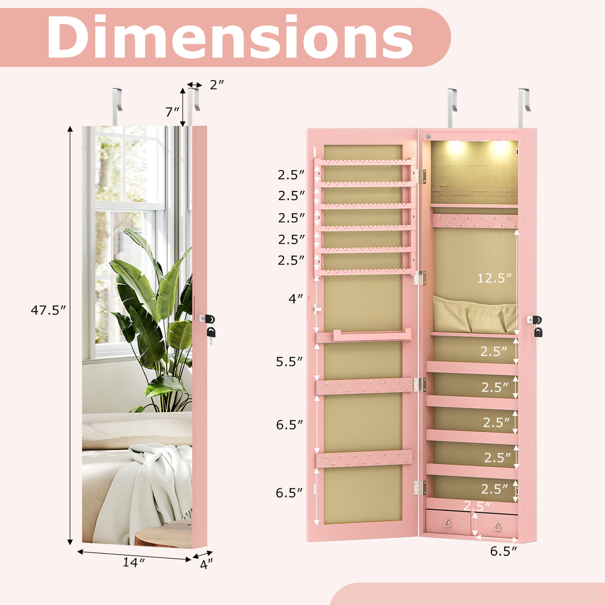 Wall and Door Mounted Mirrored Jewelry Cabinet with Lights-Pink