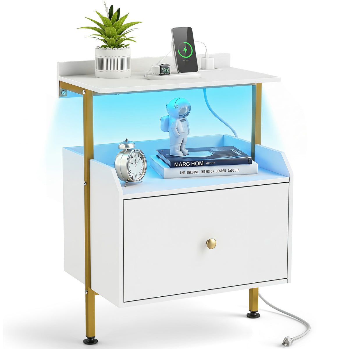 Wall-mounted Nightstand with LED Lights and Charging Station for Bedroom-White