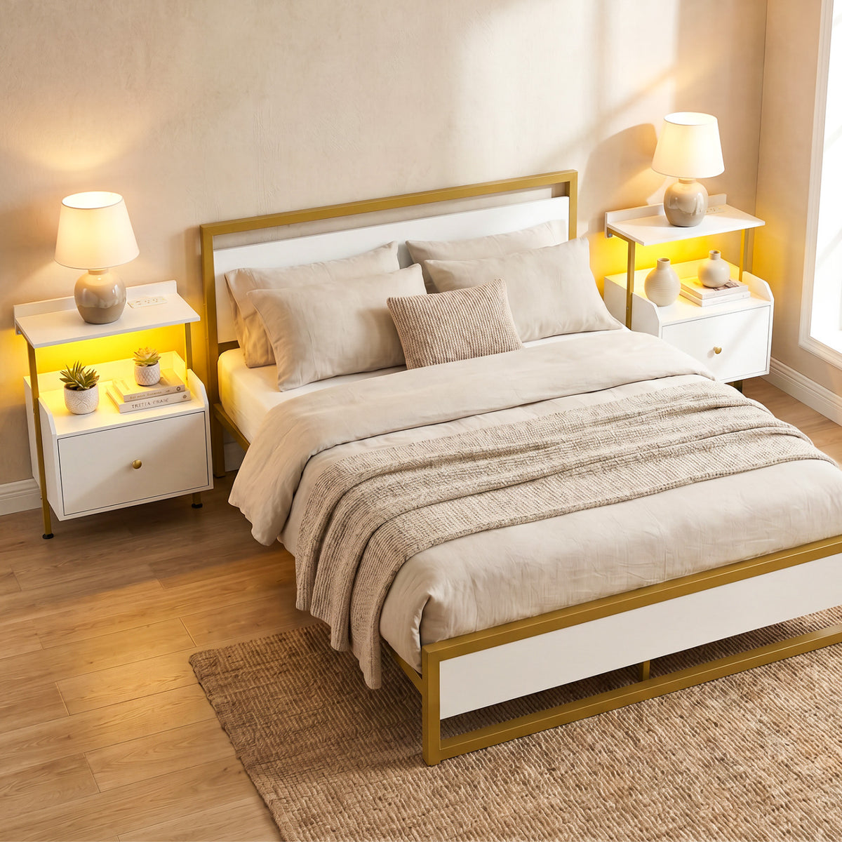 Wall-mounted Nightstand with LED Lights and Charging Station for Bedroom-White