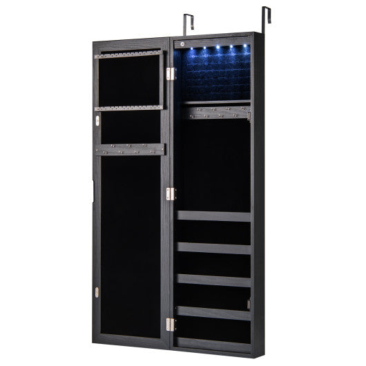 Wall or Door Mounted Jewelry Cabinet with Full-Length Mirror and LED Lights-Black