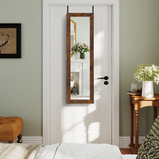 Wall or Door Mounted Jewelry Cabinet with Full-Length Mirror and LED Lights-Rustic Brown