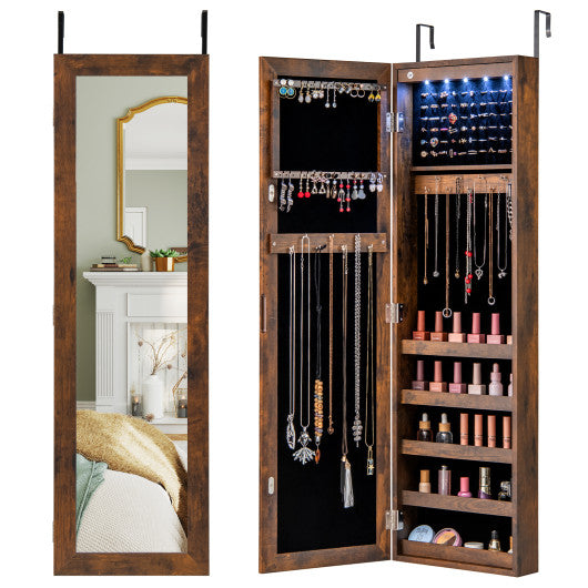 Wall or Door Mounted Jewelry Cabinet with Full-Length Mirror and LED Lights-Rustic Brown