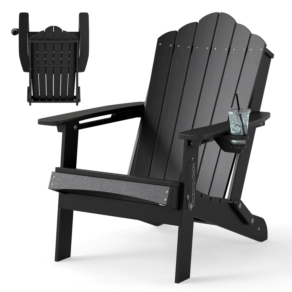 Weather Resistant HDPE Folding Adirondack Chair with High Backrest for Backyard-Black