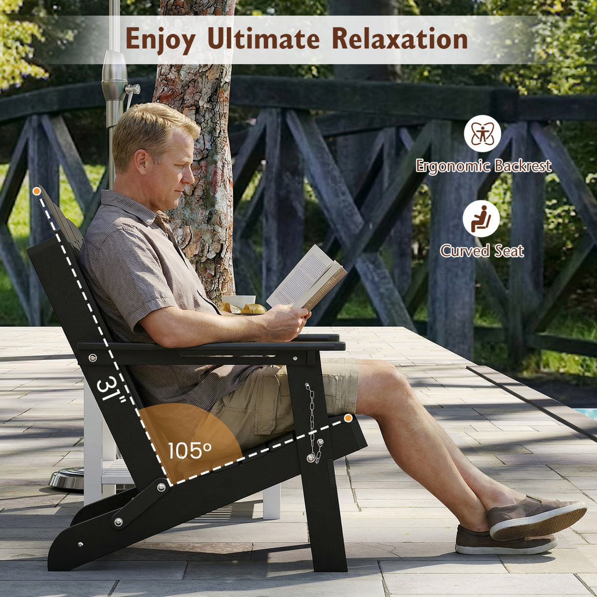 Weather Resistant HDPE Folding Adirondack Chair with High Backrest for Backyard-Black