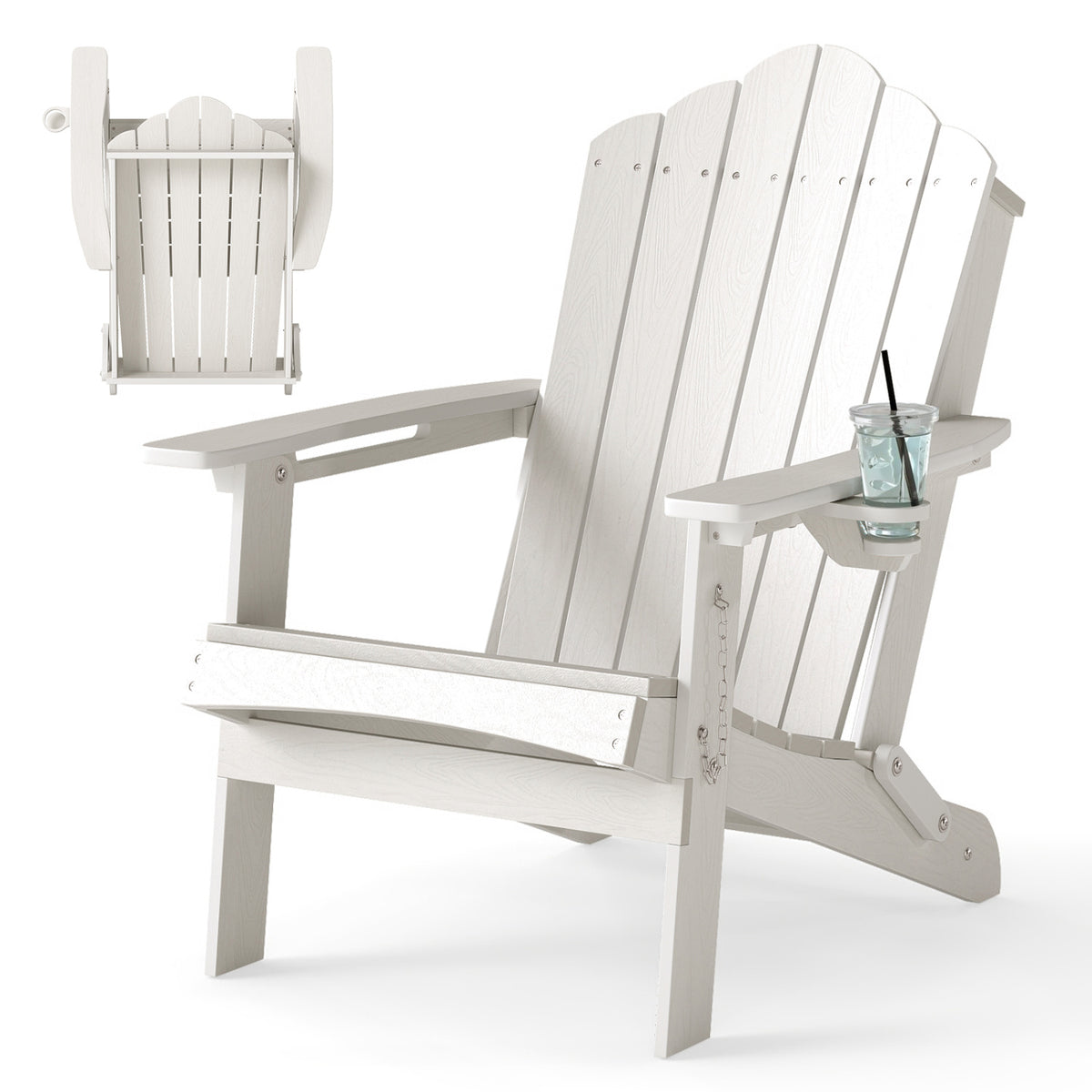 Weather Resistant HDPE Folding Adirondack Chair with High Backrest for Backyard-White