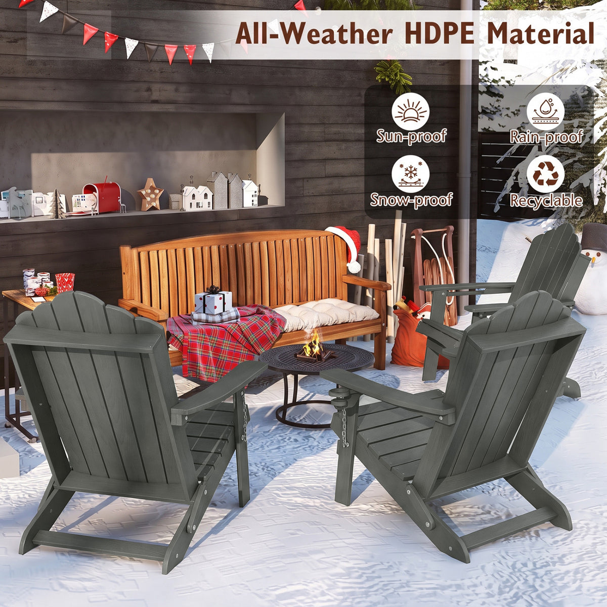 Weather Resistant HDPE Folding Adirondack Chair with High Backrest for Backyard-Gray