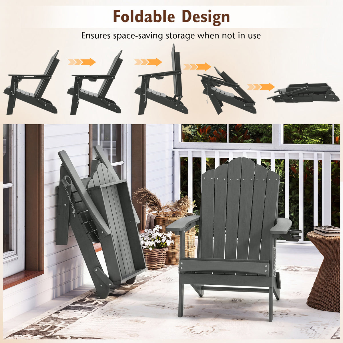 Weather Resistant HDPE Folding Adirondack Chair with High Backrest for Backyard-Gray