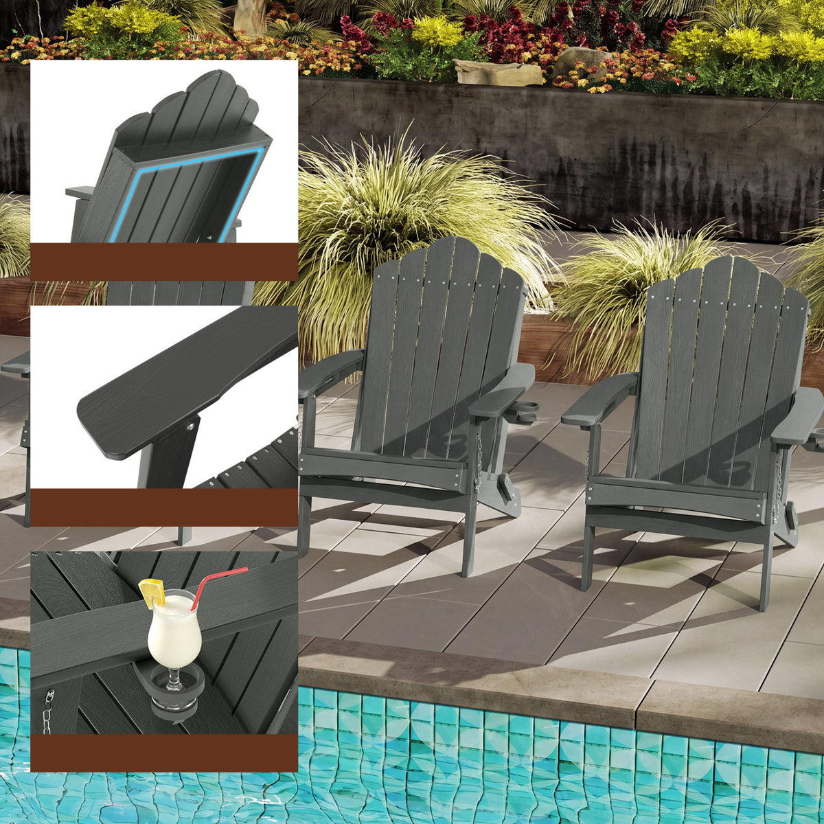 Weather Resistant HDPE Folding Adirondack Chair with High Backrest for Backyard-Gray