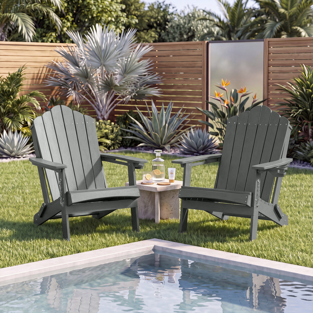 Weather Resistant HDPE Folding Adirondack Chair with High Backrest for Backyard-Gray