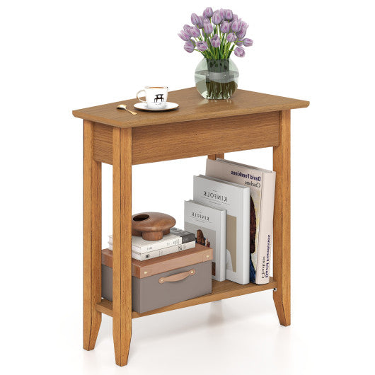 2-Tier Wedge Narrow End Table with Storage Shelf and Solid Wood Legs-Walnut