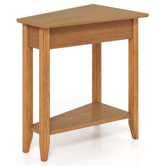 2-Tier Wedge Narrow End Table with Storage Shelf and Solid Wood Legs-Walnut