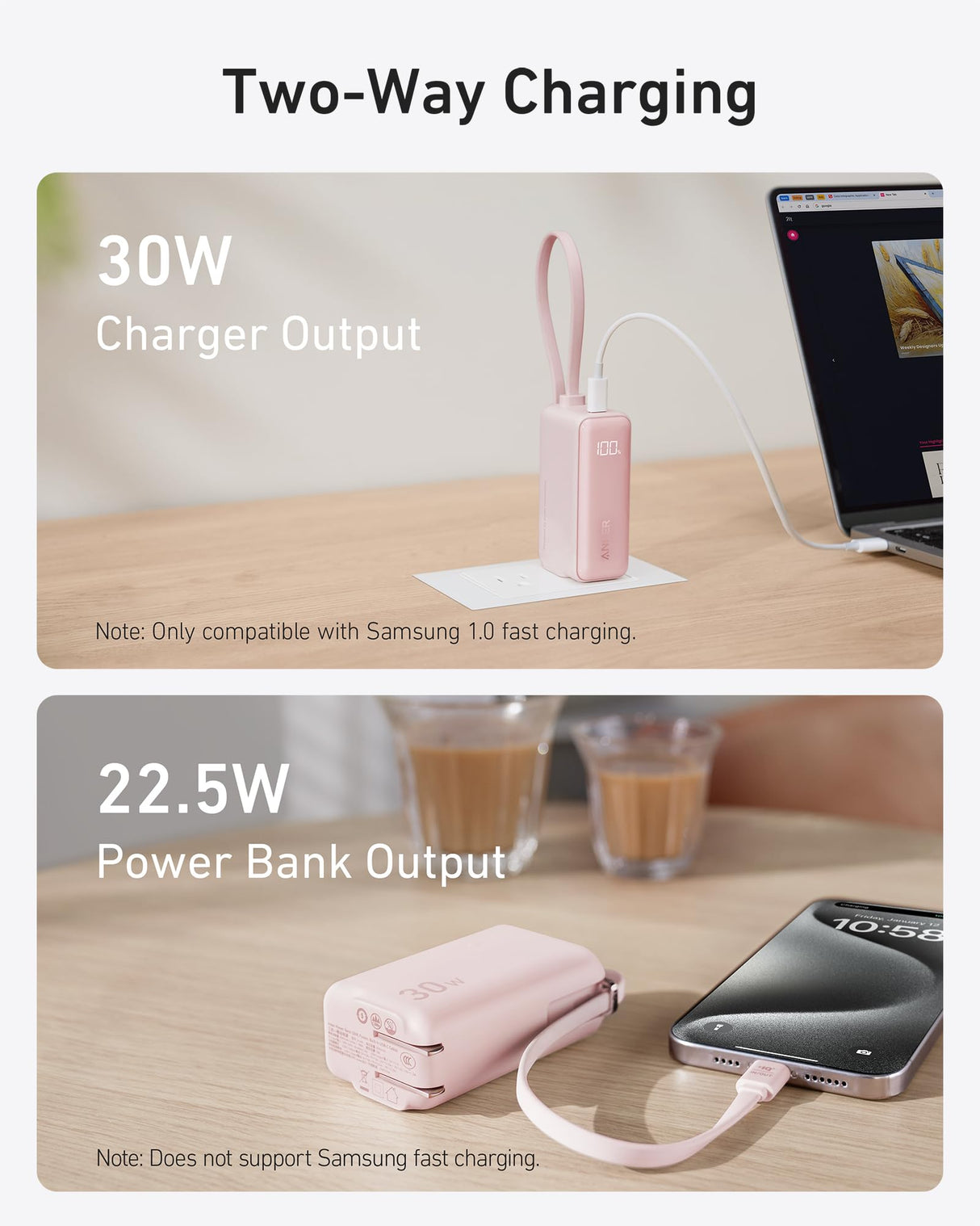 Anker Power Bank (30W, 5k, Fusion, Built-In USB-C Cable)