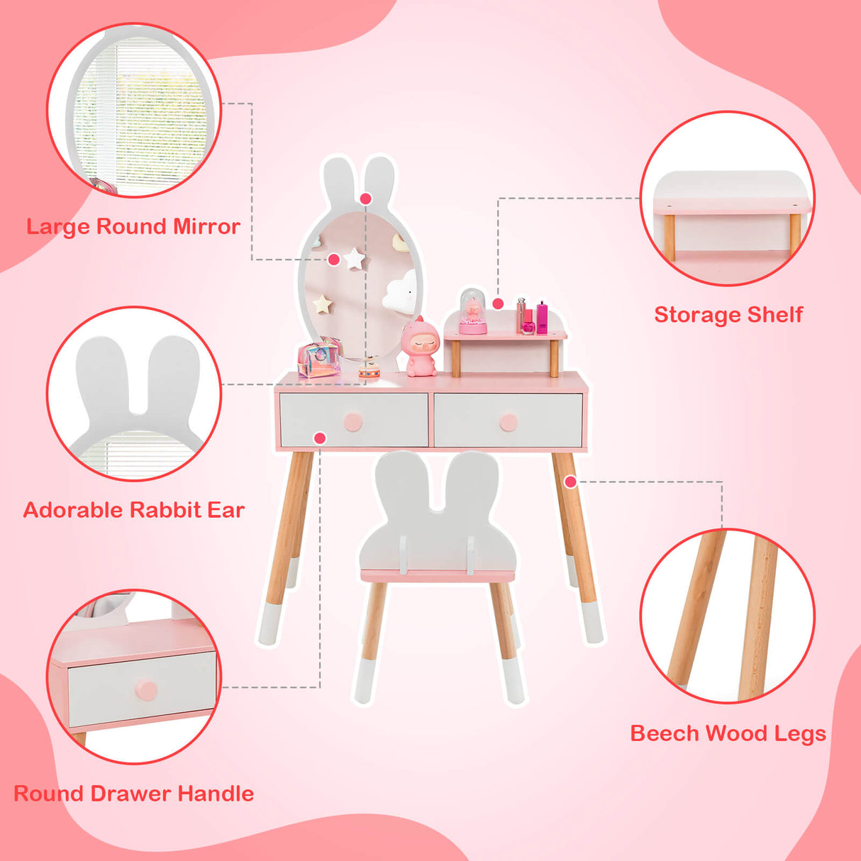 Kids Vanity Table and Chair Set with Drawer Shelf and Rabbit Mirror-Pink