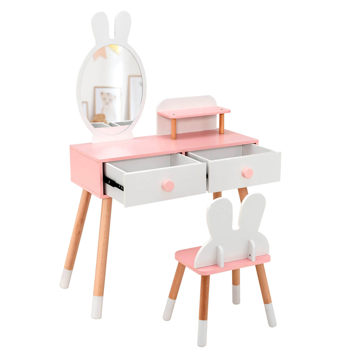 Kids Vanity Table and Chair Set with Drawer Shelf and Rabbit Mirror-Pink