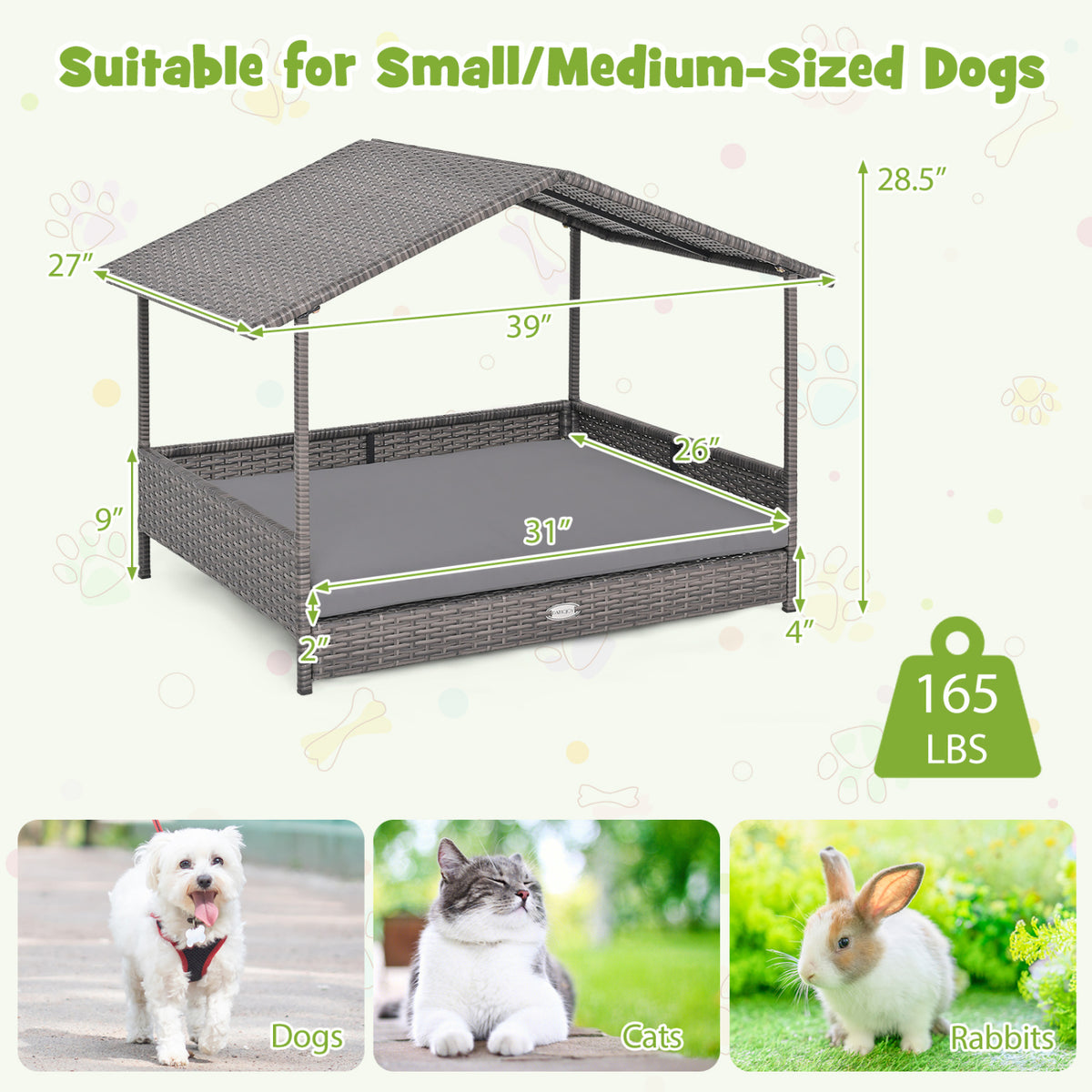 Wicker Dog House Elevated PE Rattan Dog Bed with Canopy-Gray