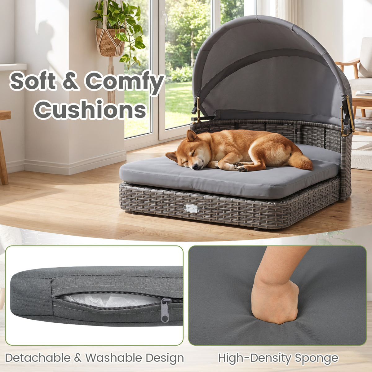 Wicker Dog House with Adjustable Canopy & 2 Detachable Cushions for Small Medium Dogs-Gray