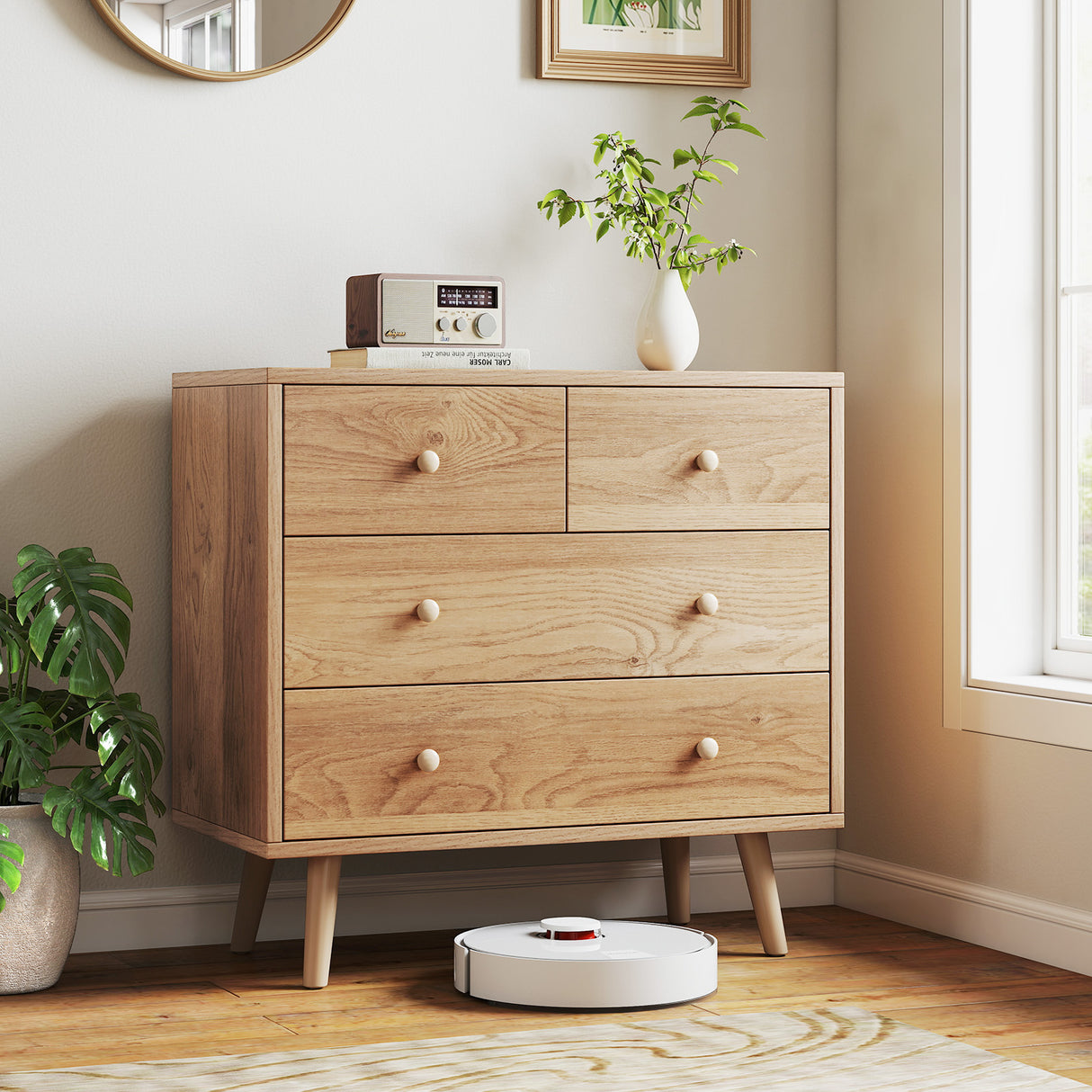 Wide Wooden Dresser with 4 Drawers for Bedroom Living Room-Natural