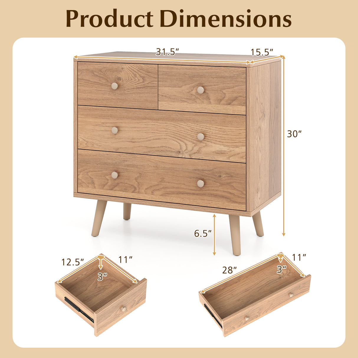 Wide Wooden Dresser with 4 Drawers for Bedroom Living Room-Natural