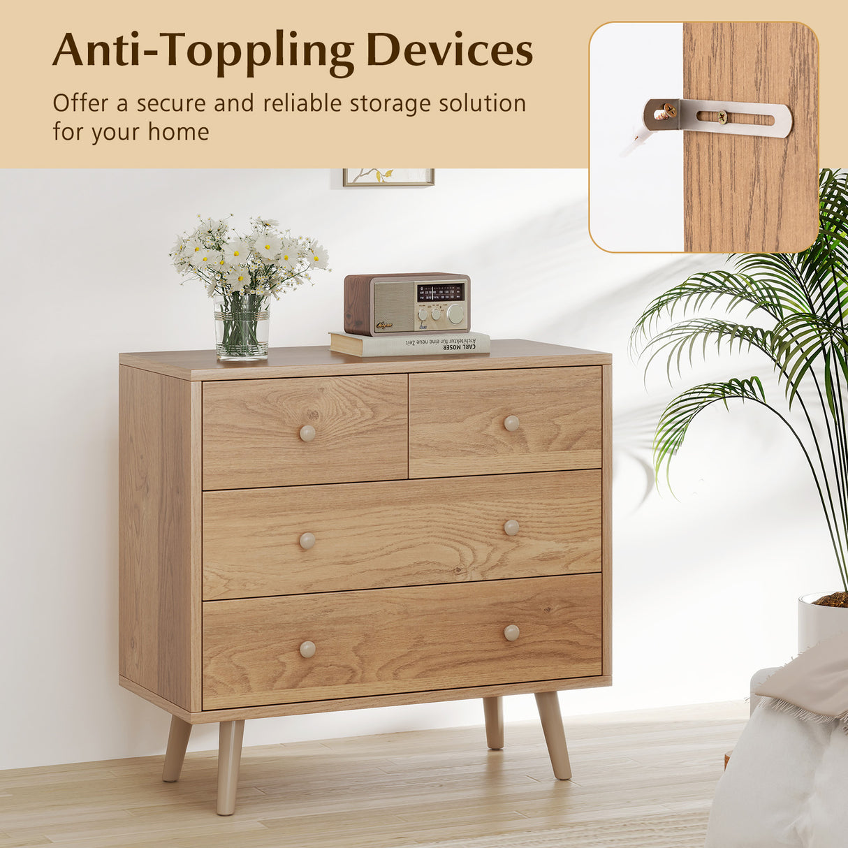 Wide Wooden Dresser with 4 Drawers for Bedroom Living Room-Natural