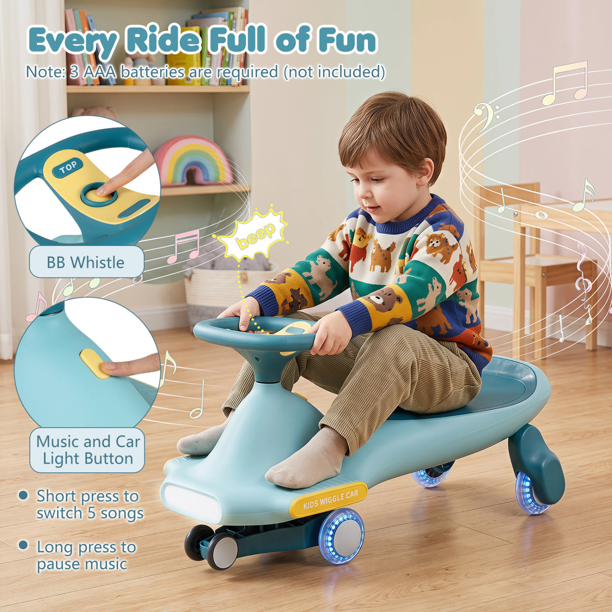 Wiggle Car for Kids with LED Flashing Wheels for Indoor Outdoor Play-Blue