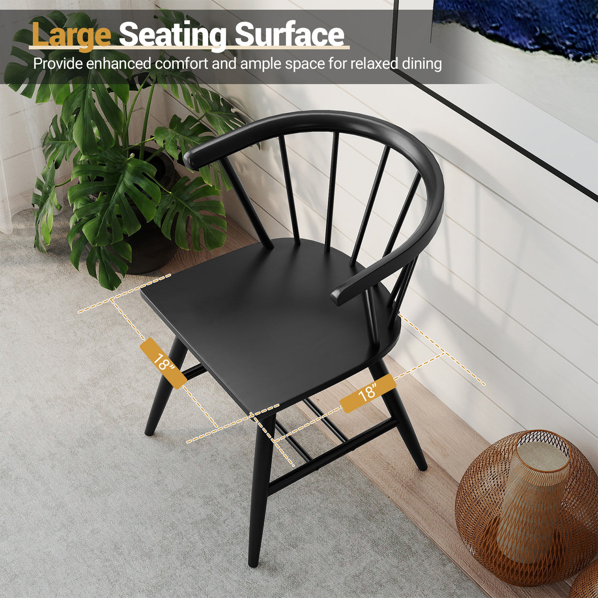 Windsor Dining Chair Set of 2 Mid-Century Modern Black Kitchen Chairs-Black