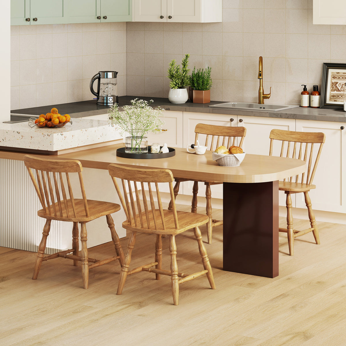 Windsor Dining Chairs Set of 4 with Curved Spindle Back-Natural