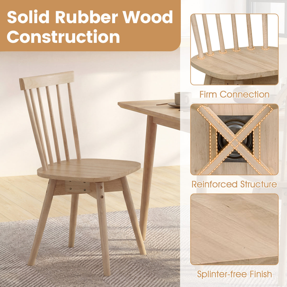 Windsor Dining Chairs Set of 2 Mid Century Rubber Wood Kitchen Chairs with Swivel Seat-Natural