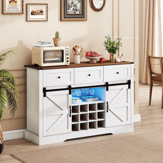 52 Inches Wine Bar Cabinet with LED Lights and Sliding Barn Doors-White