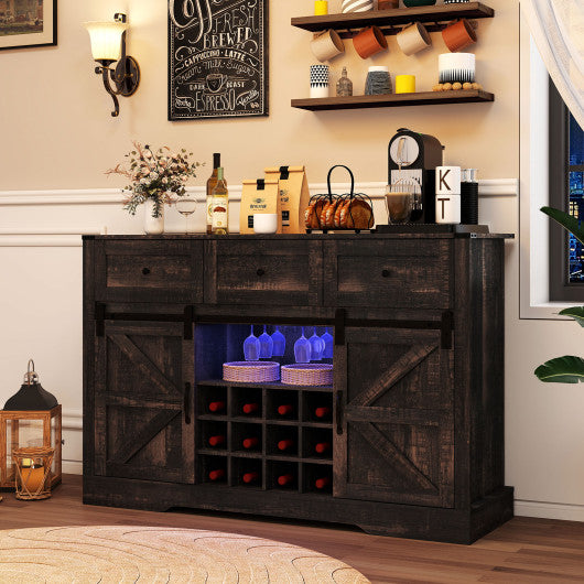 52 Inches Wine Bar Cabinet with LED Lights and Sliding Barn Doors-Black