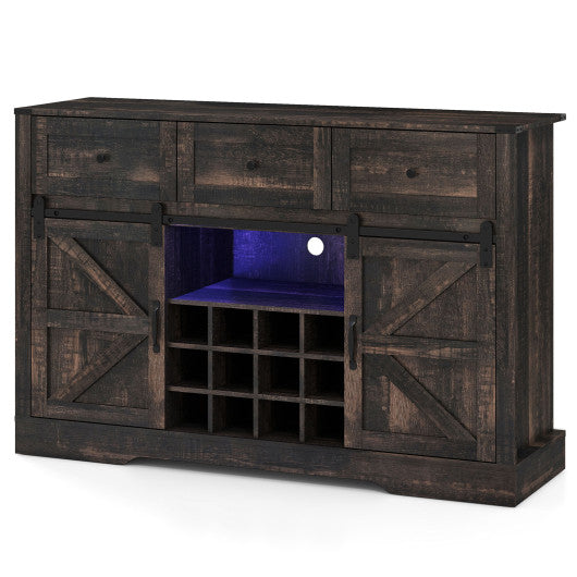 52 Inches Wine Bar Cabinet with LED Lights and Sliding Barn Doors-Black
