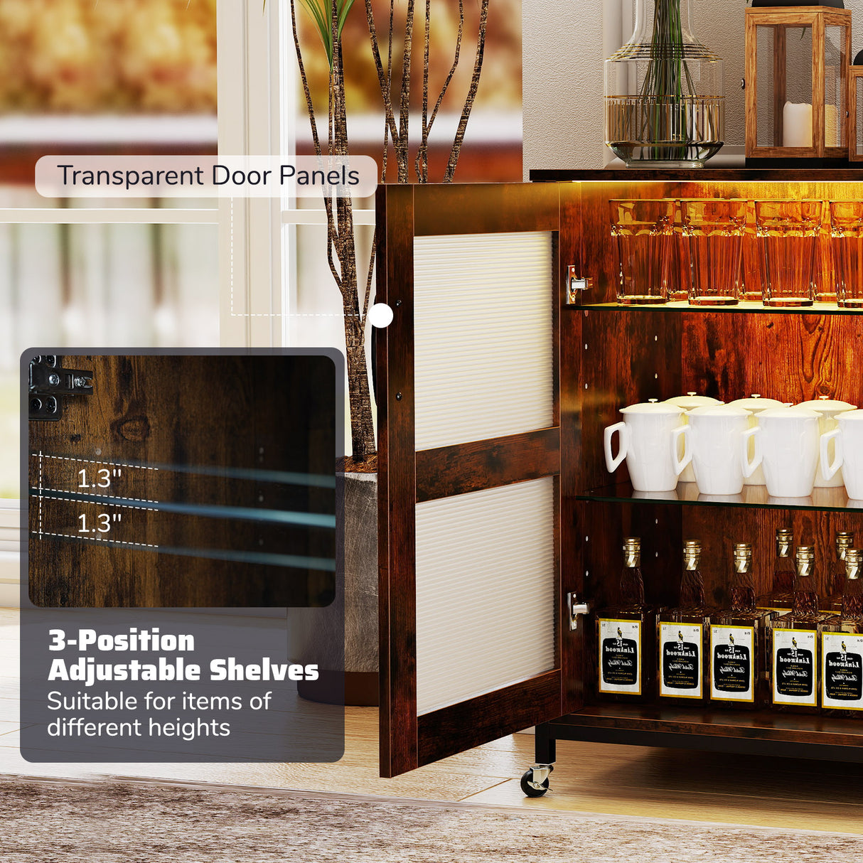 Wine Bar Cabinet with LED Light and Adjustable Shelves-Rustic Brown