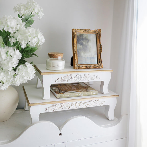 Antique Inspired Ornate White Wood Risers, Set of Two