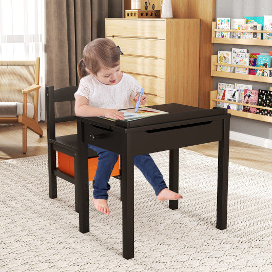 Wood Activity Kids Table and Chair Set with Storage Space-Dark Brown