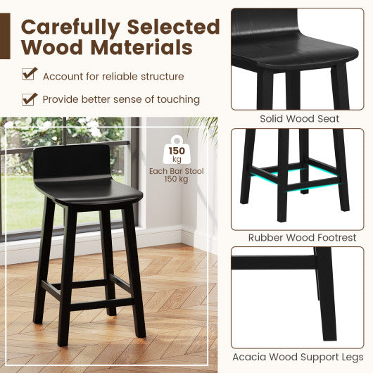 Wood Bar Stools Set of 2 with Solid Back and Seat-Black