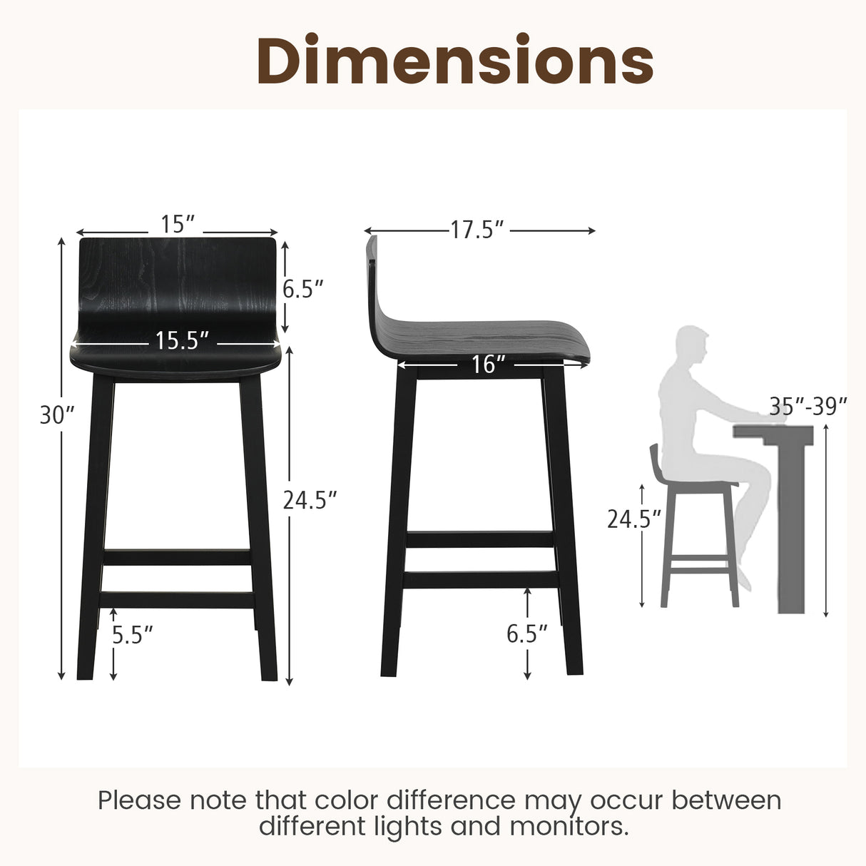 Wood Bar Stools Set of 2 with Solid Back and Seat-Black