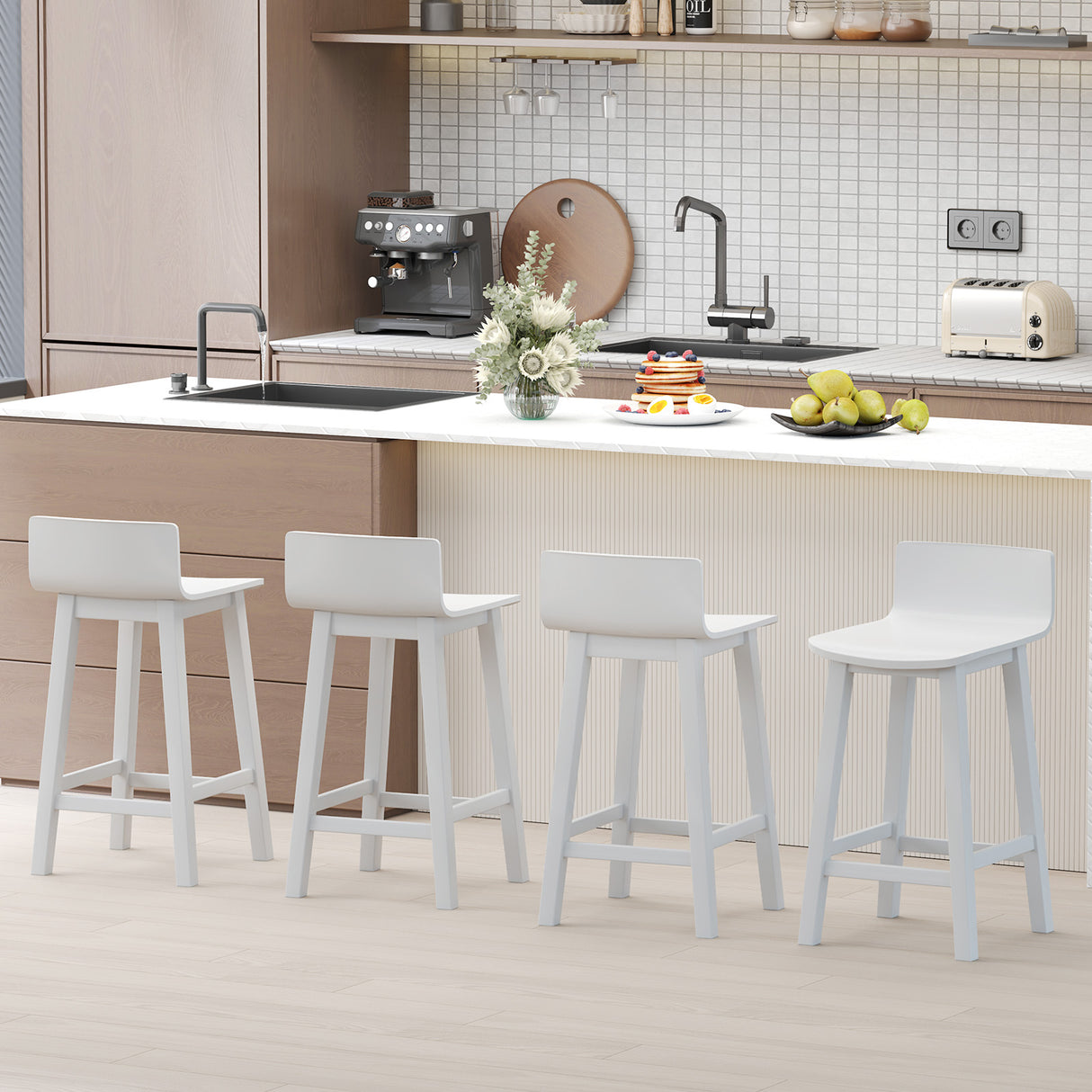 Wood Bar Stools Set of 2 with Solid Back and Seat-White