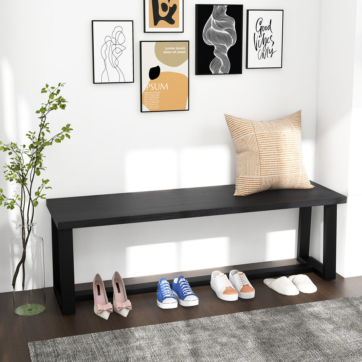 Wood Dining Bench with Metal Frame and Adjustable Footpads-Black