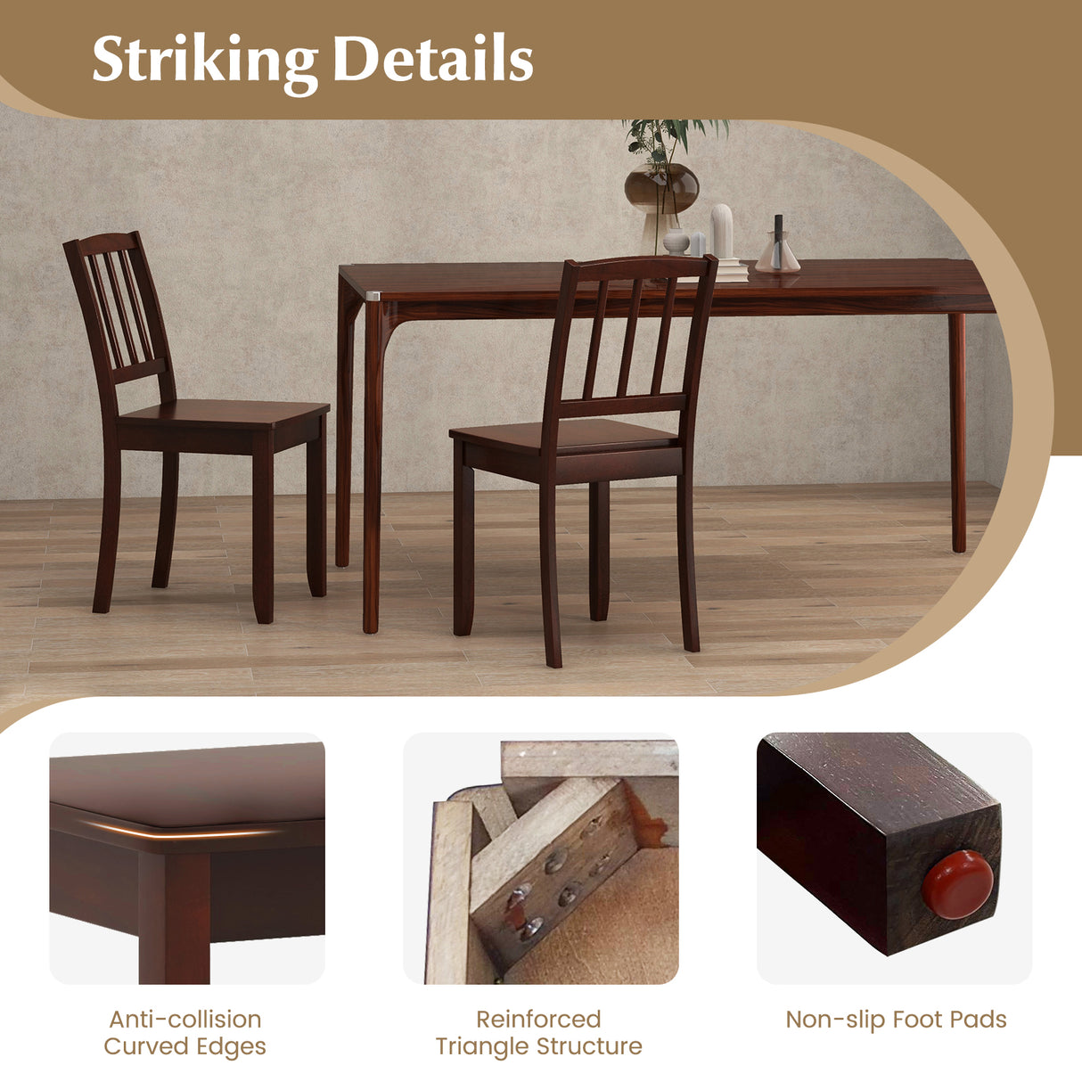 Wood Dining Chair Set of 2 with Rubber Wood Legs-Brown