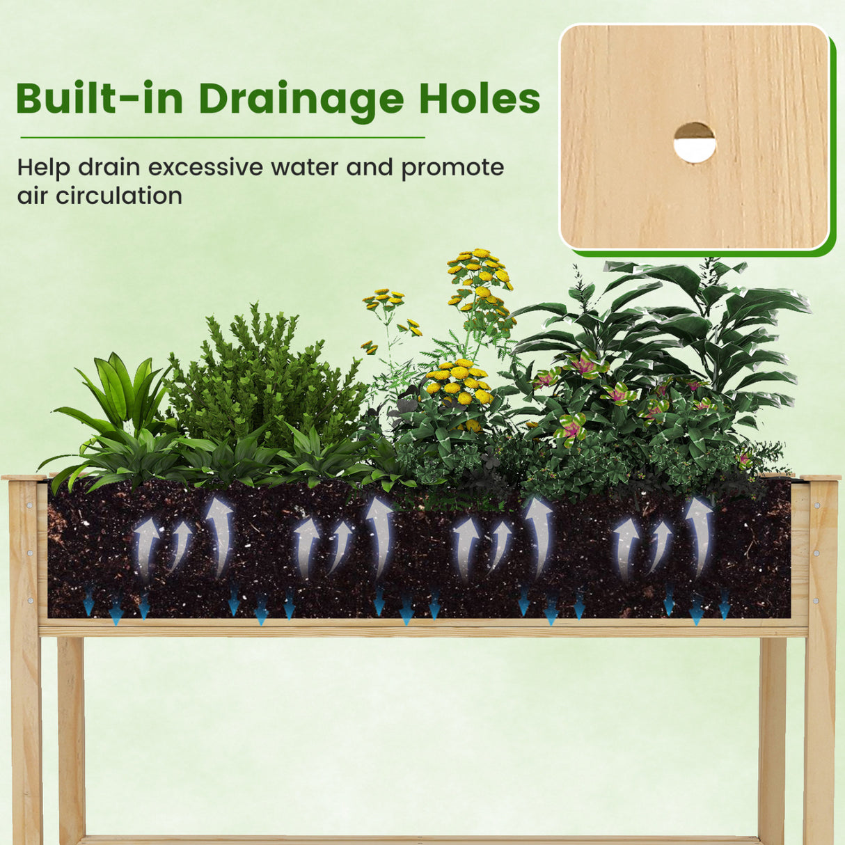 Wood Elevated Planter Bed with Lockable Wheels Shelf and Liner