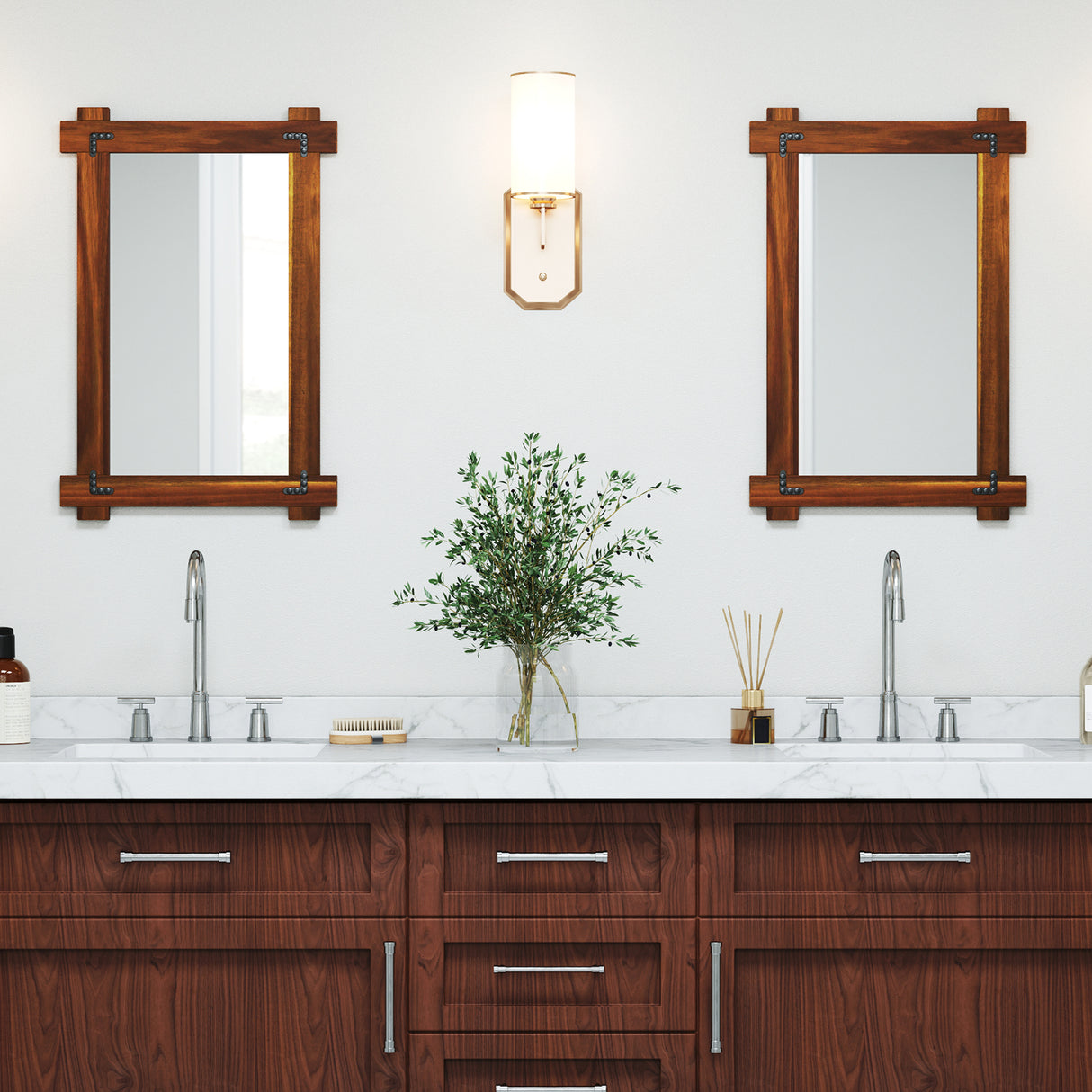 Wood Framed Mirror with Acacia Wood Frame and Vintage Rivet Design Brown-S