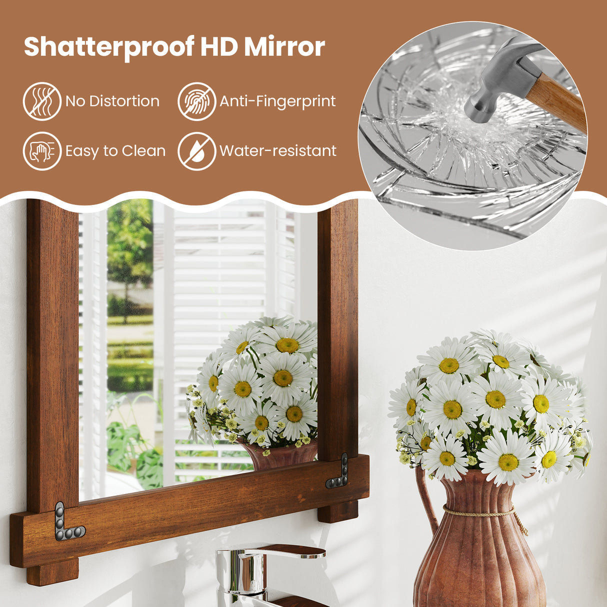 Wood Framed Mirror with Acacia Wood Frame and Vintage Rivet Design Brown-M