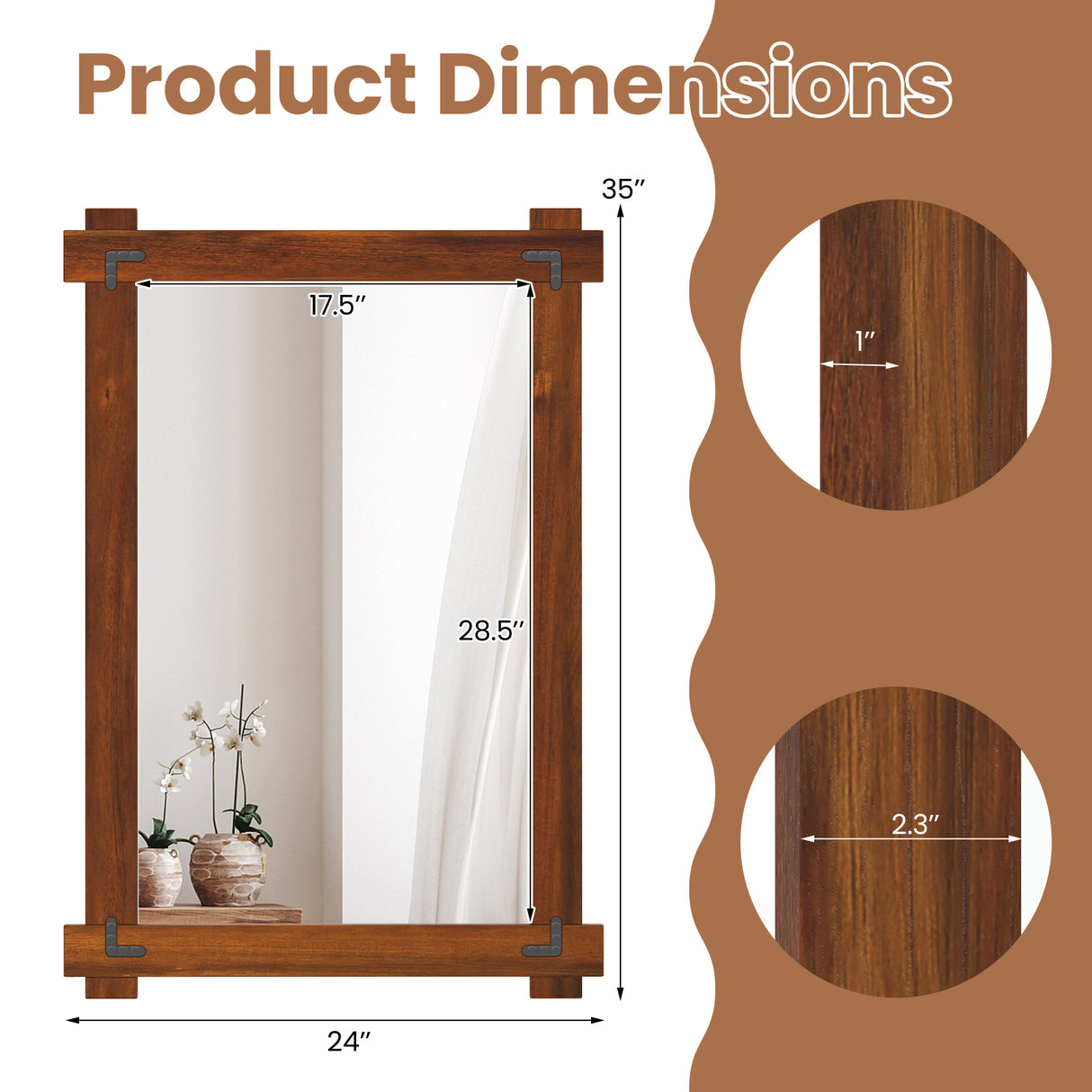Wood Framed Mirror with Acacia Wood Frame and Vintage Rivet Design Brown-M